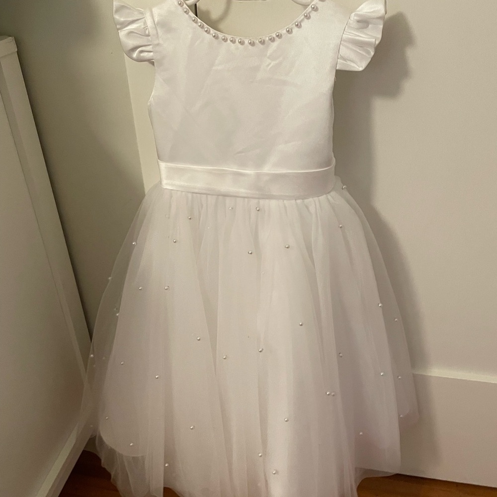 JJ’s House A-line Scoop Tea-Length Satin Flower Girl or First Communion Dress
